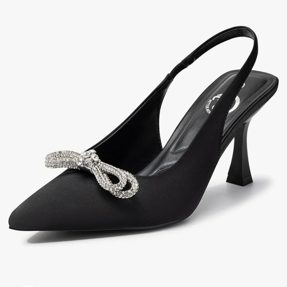 NIB Black Satin Slingbacks with Rhinestone Bows